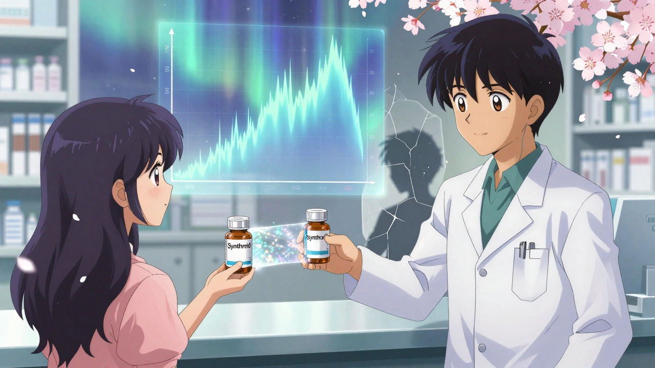 A pharmacist handing two identical pill bottles with a shimmering barrier between them, while TSH graphs float like auroras behind them.