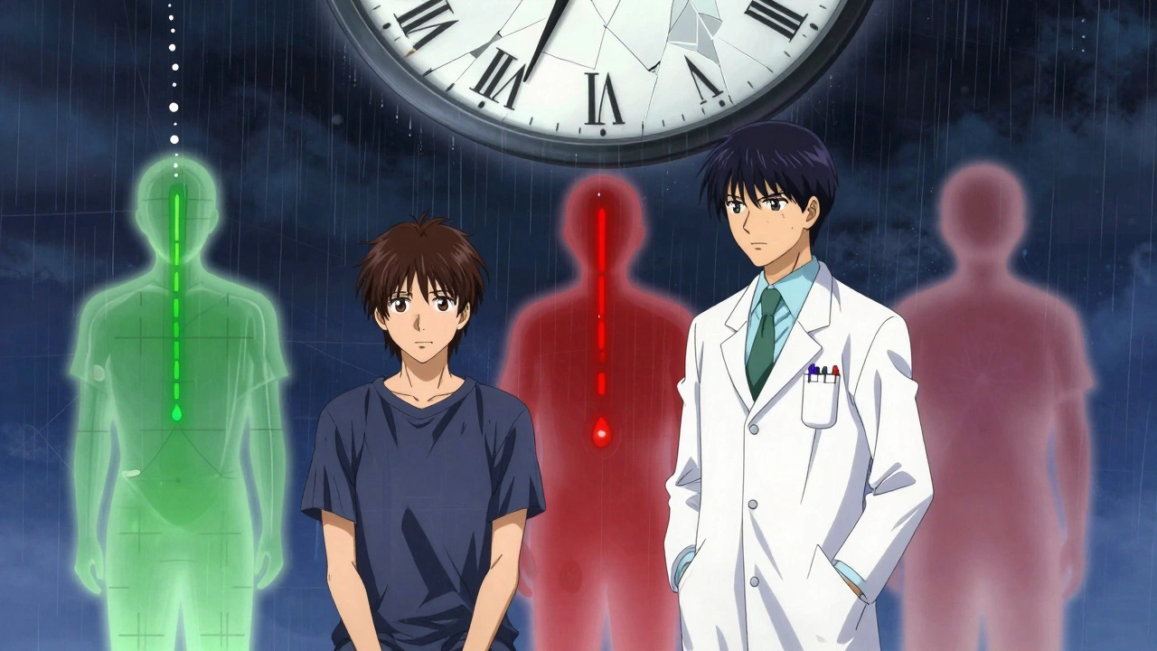 A psychiatrist and patient beneath a broken clock, with three transparent treatment paths glowing in different colors.