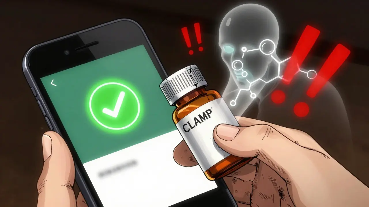 A smartphone shows a verified drug app beside a fake pill bottle with warning glyphs, contrasting real and counterfeit.