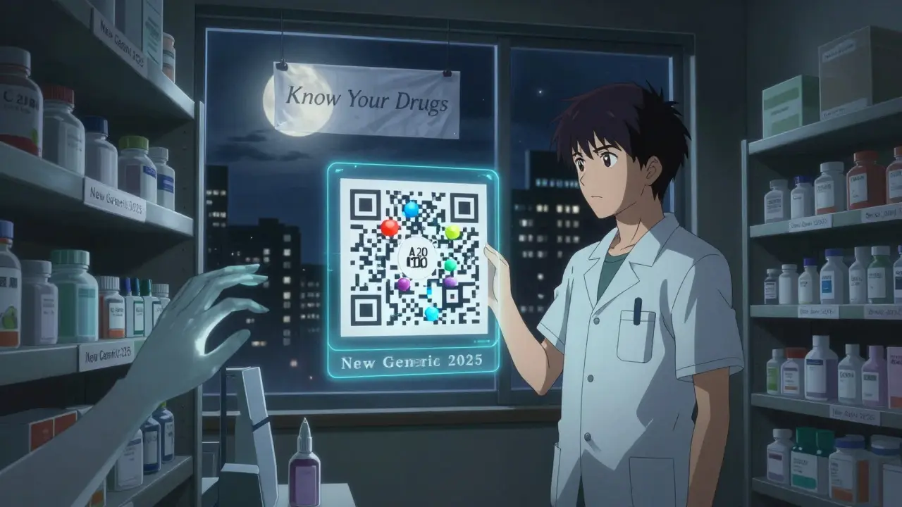A technician viewing a shifting holographic pill under moonlight, symbolizing evolving generic drug knowledge.