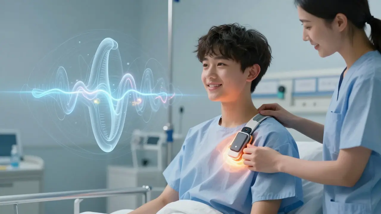 A teen receives a magnetic bone-conduction processor post-surgery, with floating diagrams of sound vibrations in the air.