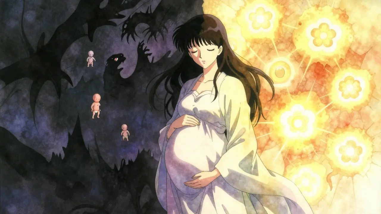 A woman stands between dark risks and glowing safe drugs during pregnancy planning.