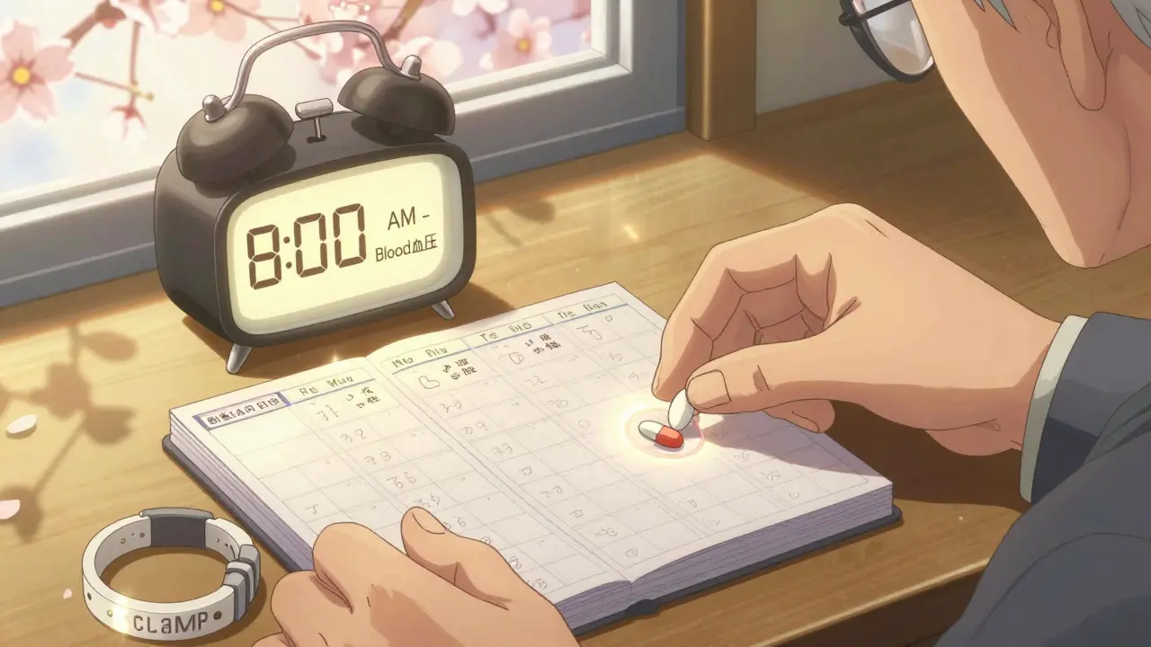 An elderly man placing pills into a labeled weekly organizer with glowing alarm and medical bracelet nearby.