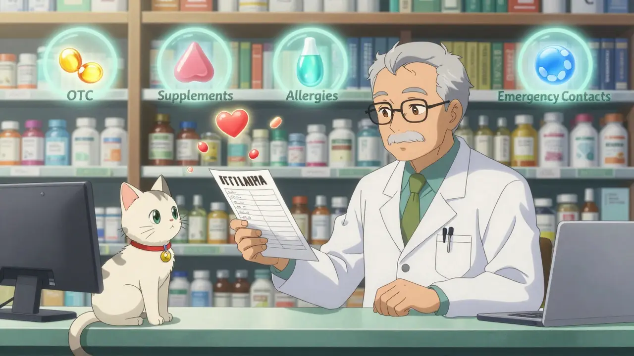 An elderly man receiving a printed medication list from a pharmacist, with magical floating pill icons in the background.