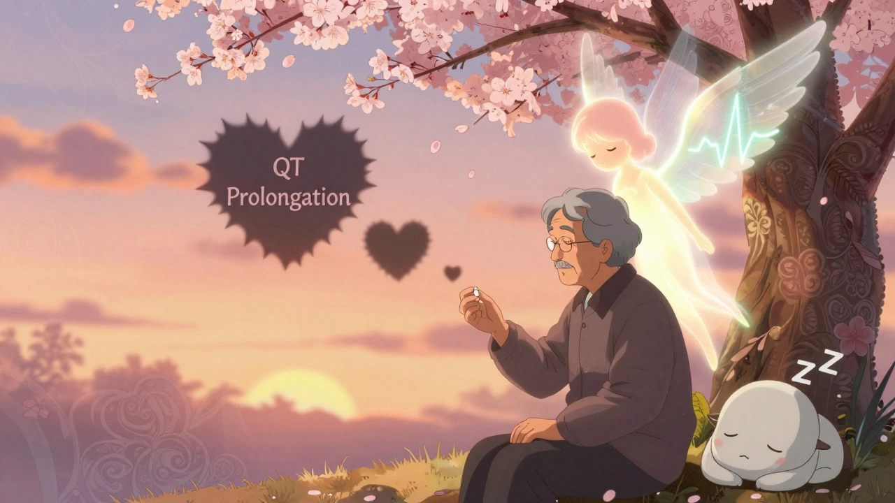 An elderly person under cherry blossoms with protective heart-shaped wings and fading danger shadows, symbolizing safe medication.