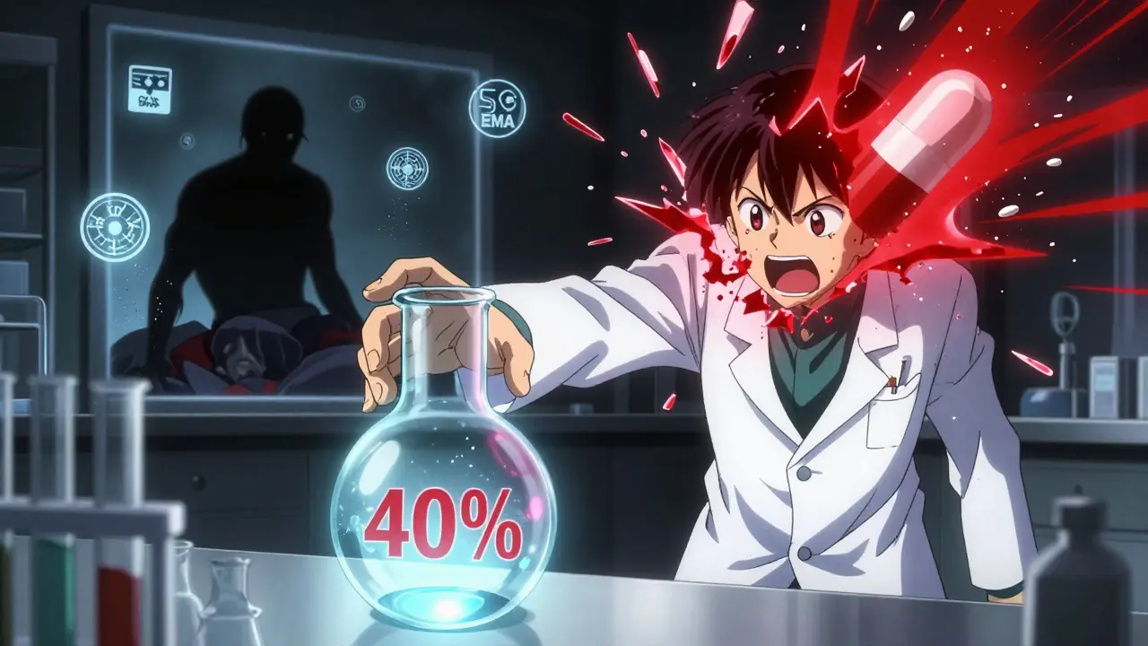 An extended-release pill exploding in alcohol, with a patient collapsing in the background, regulatory symbols fading away.