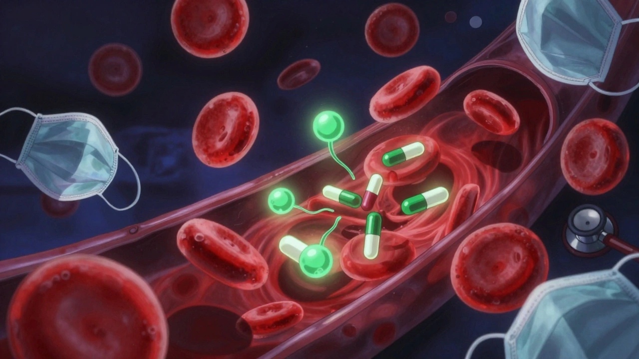 Blood cells interacting with feverfew molecules and anticoagulant drugs in a vivid biological landscape.