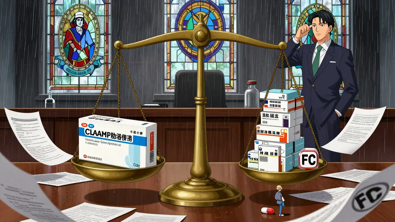 Courtroom scale balancing brand drug against cheaper generics, corporate CEO vs lone manufacturer.