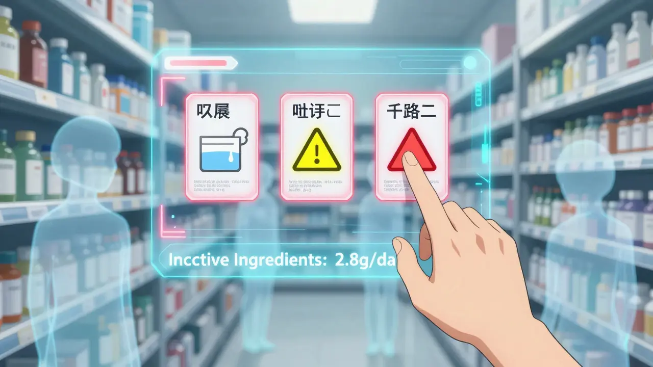 Digital interface in a pharmacy scanning prescriptions and flashing warnings for harmful inactive ingredients.