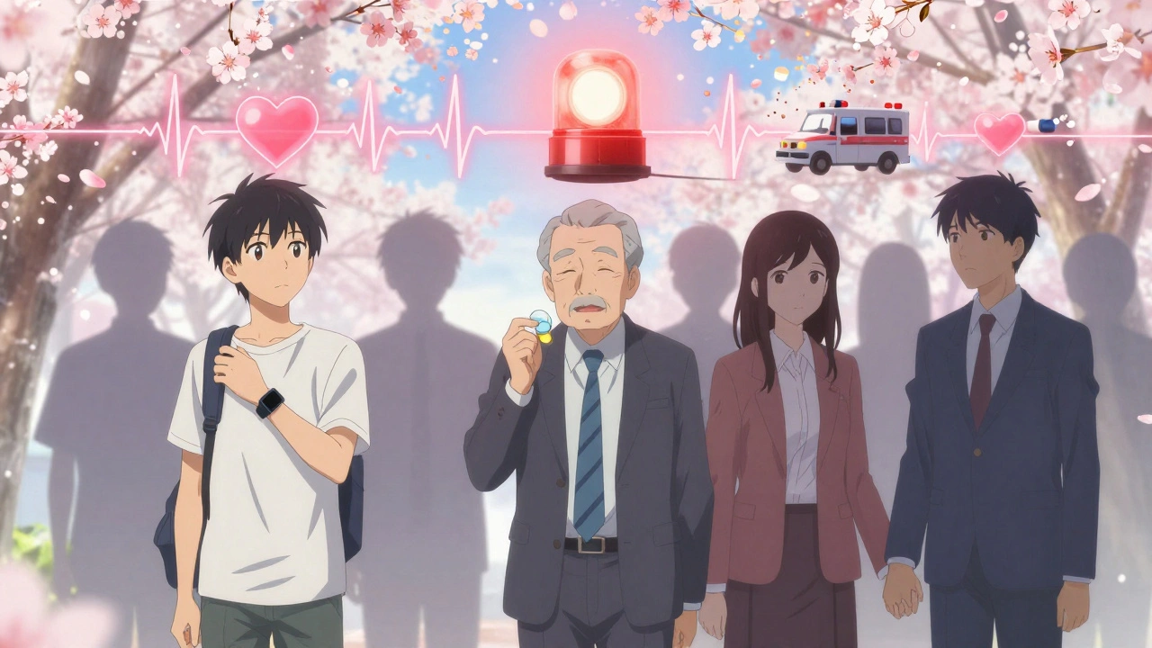 Diverse group of people united under emergency light, heartbeats and cherry blossoms floating around them.