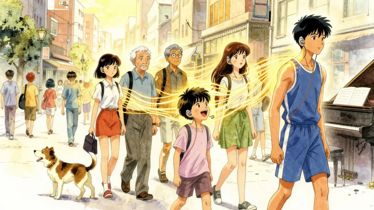 Diverse patients walk through a city as golden sound threads connect their implants to the world around them.