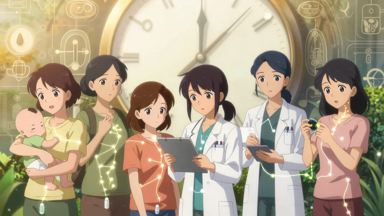 Diverse women are connected by medication pathways under a clock marking preconception care.