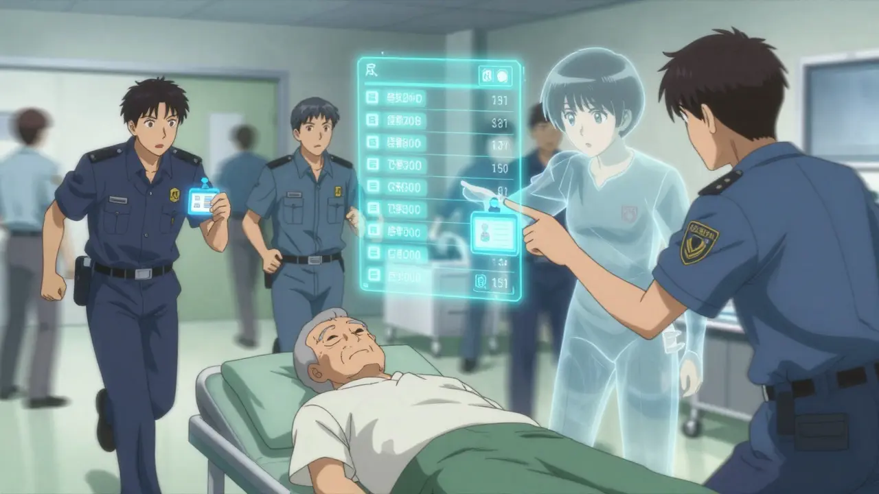 Emergency responders viewing a holographic medication list above an unconscious patient in a hospital setting.