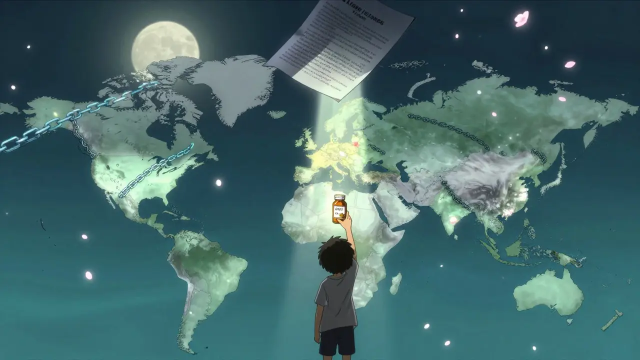 Global map with chains restricting drug access, light reaching a child in South Africa.