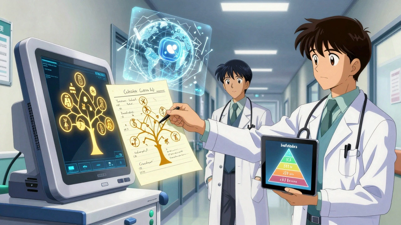 Italian doctors abandon a digital health system for paper charts adorned with glowing family lineage symbols.