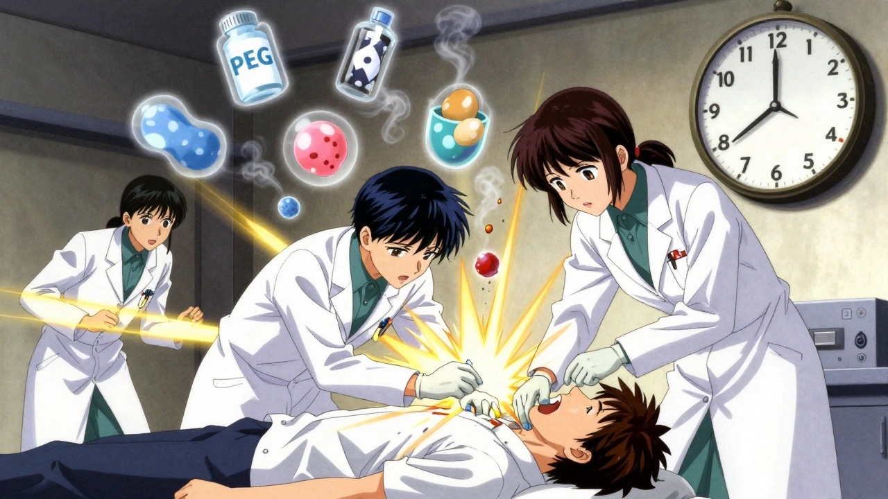 Medical staff administering epinephrine to a patient as harmful vaccine ingredients dissolve.