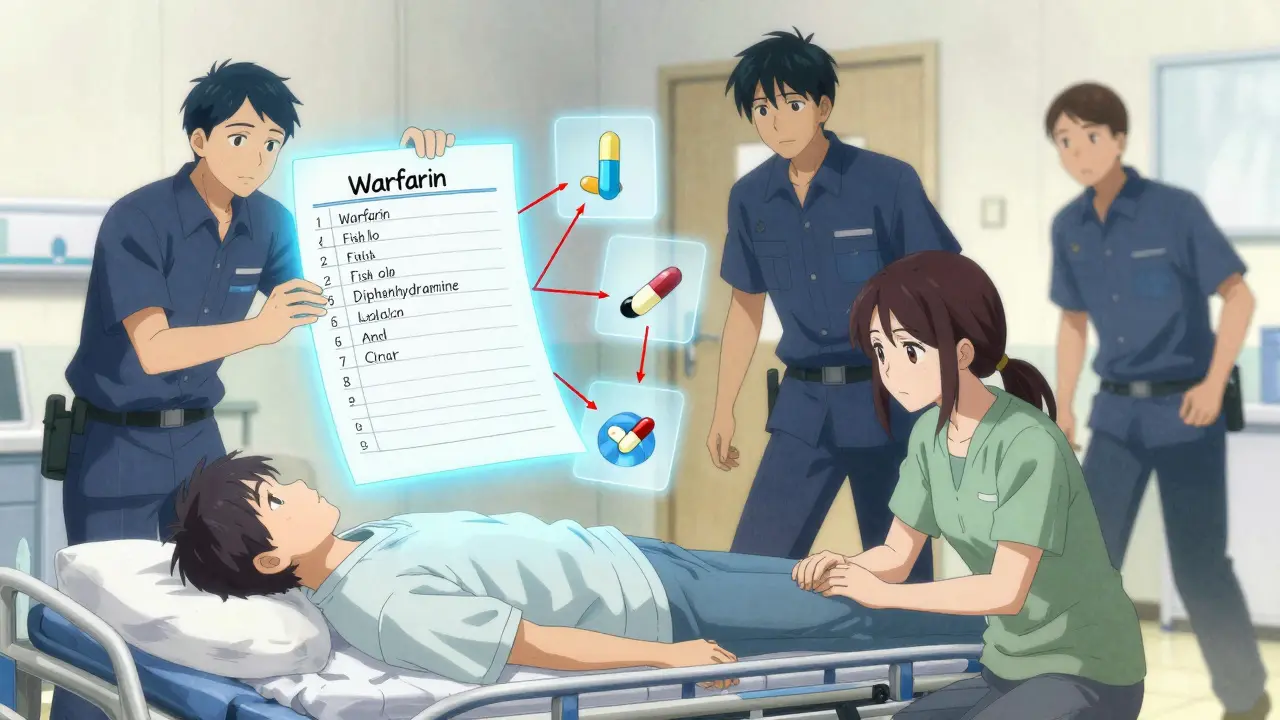 Paramedics rushing a patient while a glowing medication list guides their actions in a hospital emergency.
