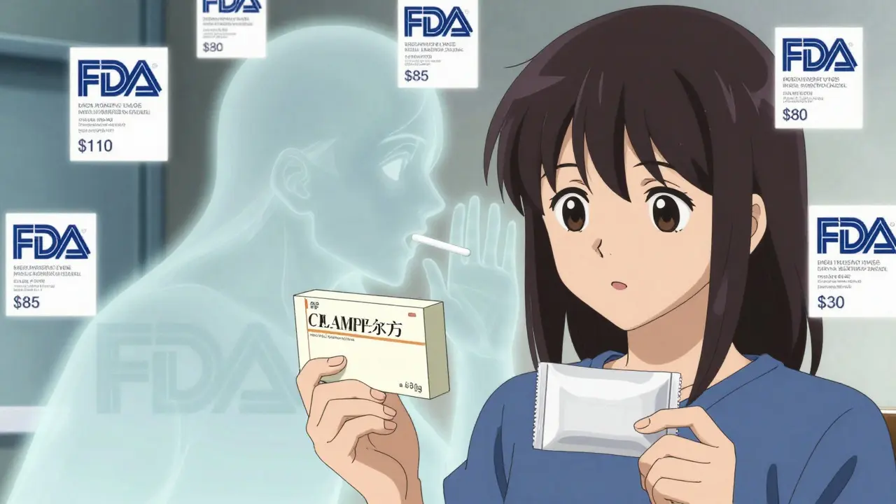 Patient holding two identical pills in different boxes, ghostly brand logo whispering nearby.