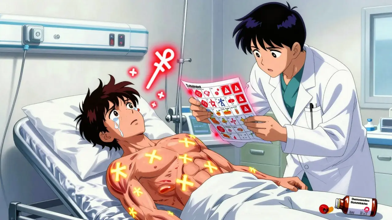 Patient in emergency room with serotonin syndrome symptoms: twitching muscles, racing heart, and flashing medication warnings.