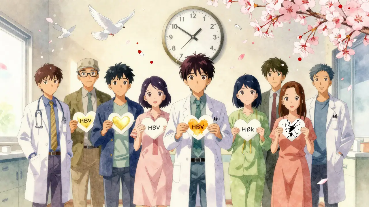 Patients and doctors stand in a clinic hallway, each holding hearts showing HBV status, cherry blossoms falling around them.