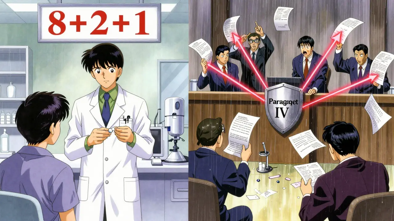 Split scene: calm European generic access vs. chaotic U.S. patent courtroom.