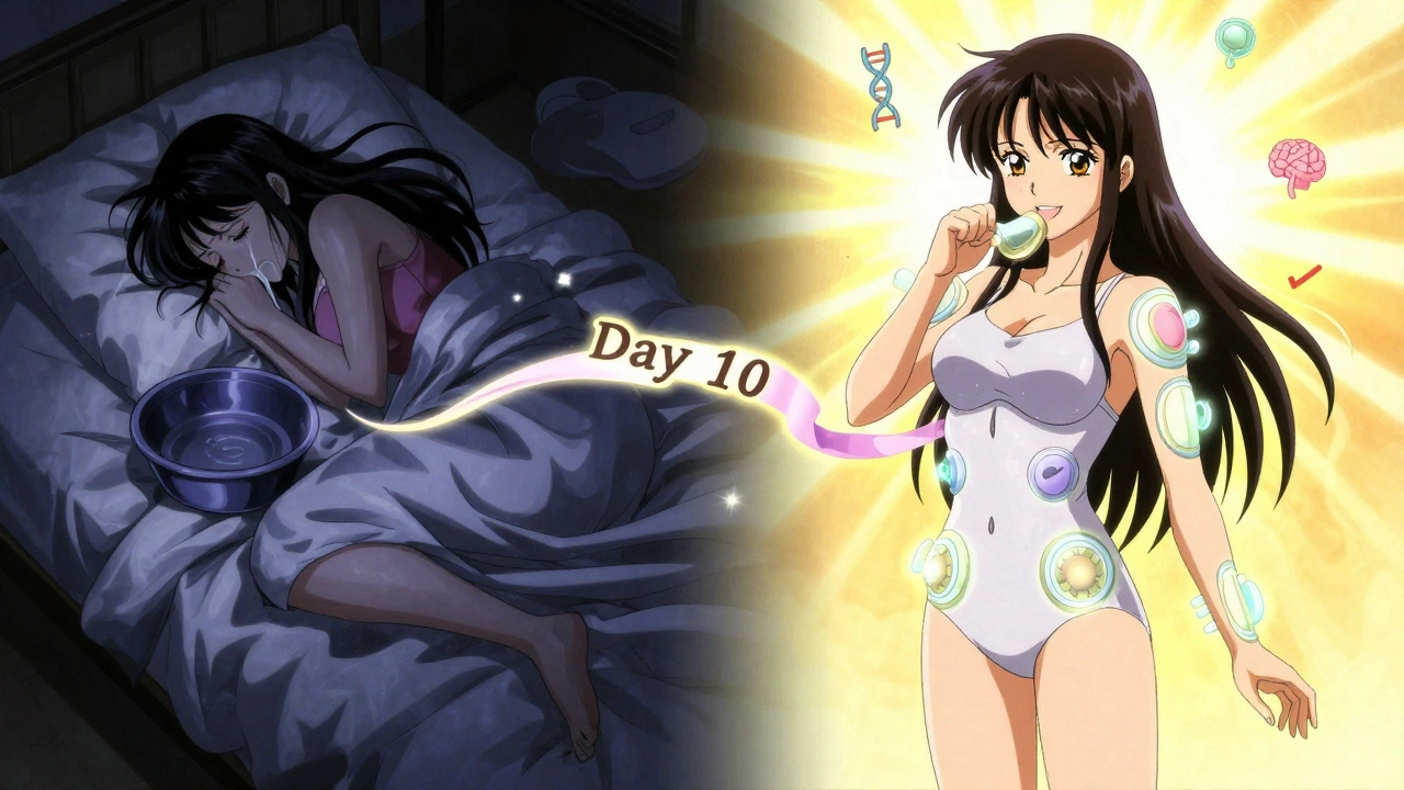 Split scene: woman suffering vs. healed, with glowing remedies and medical symbols connecting both states.