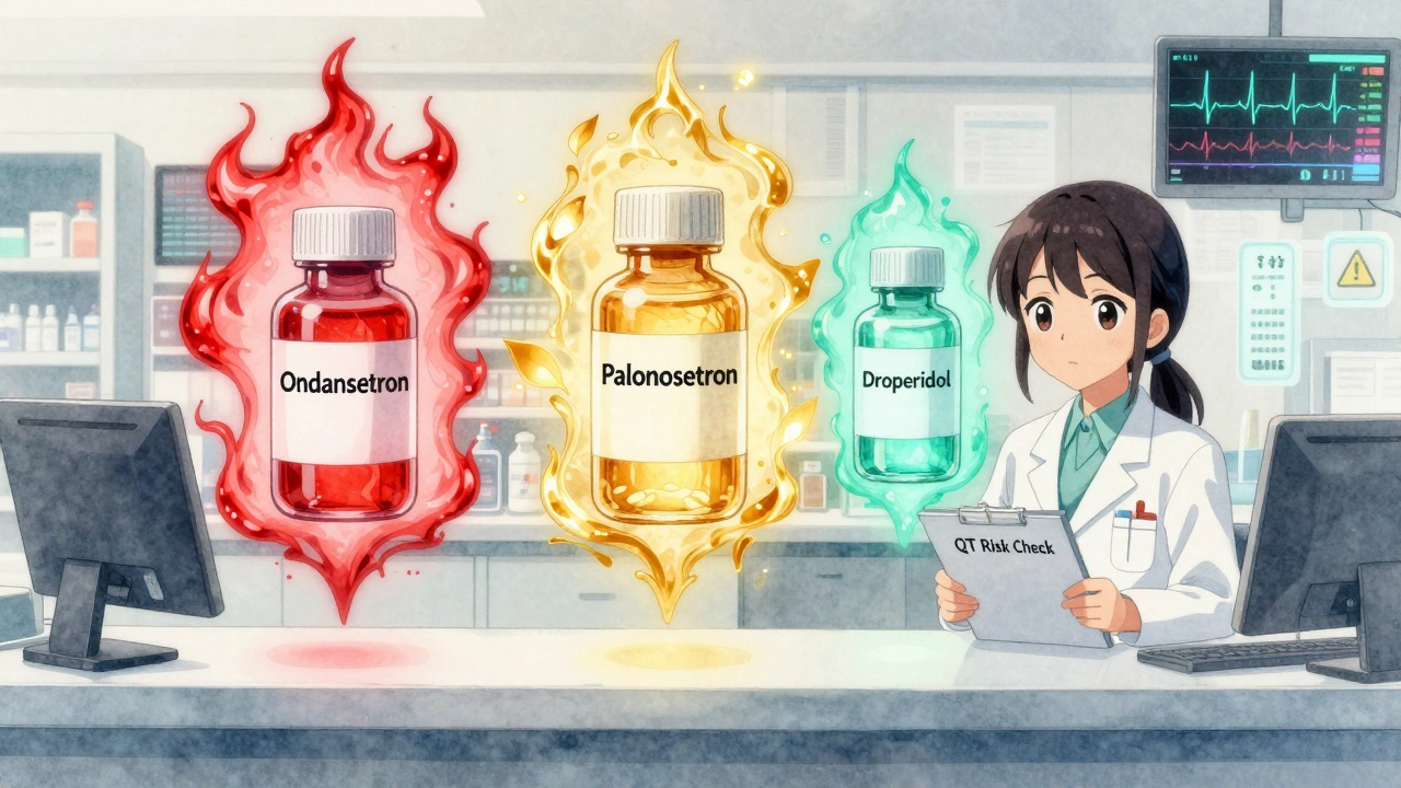 Three antiemetic drugs floating with different auras — one dangerous red, one safe gold, one cautious teal — in a pharmacy scene.