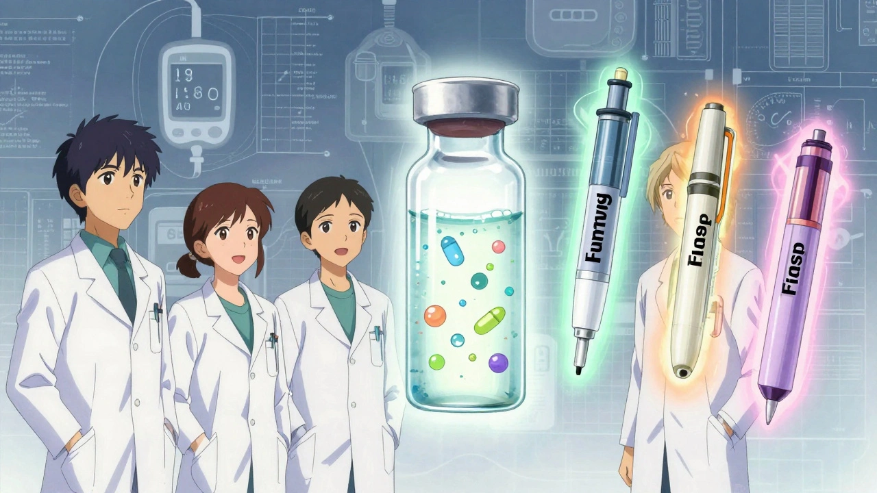 Three insulin pens floating with colored auras around a glowing vial, medical team watching as molecules animate in the air.