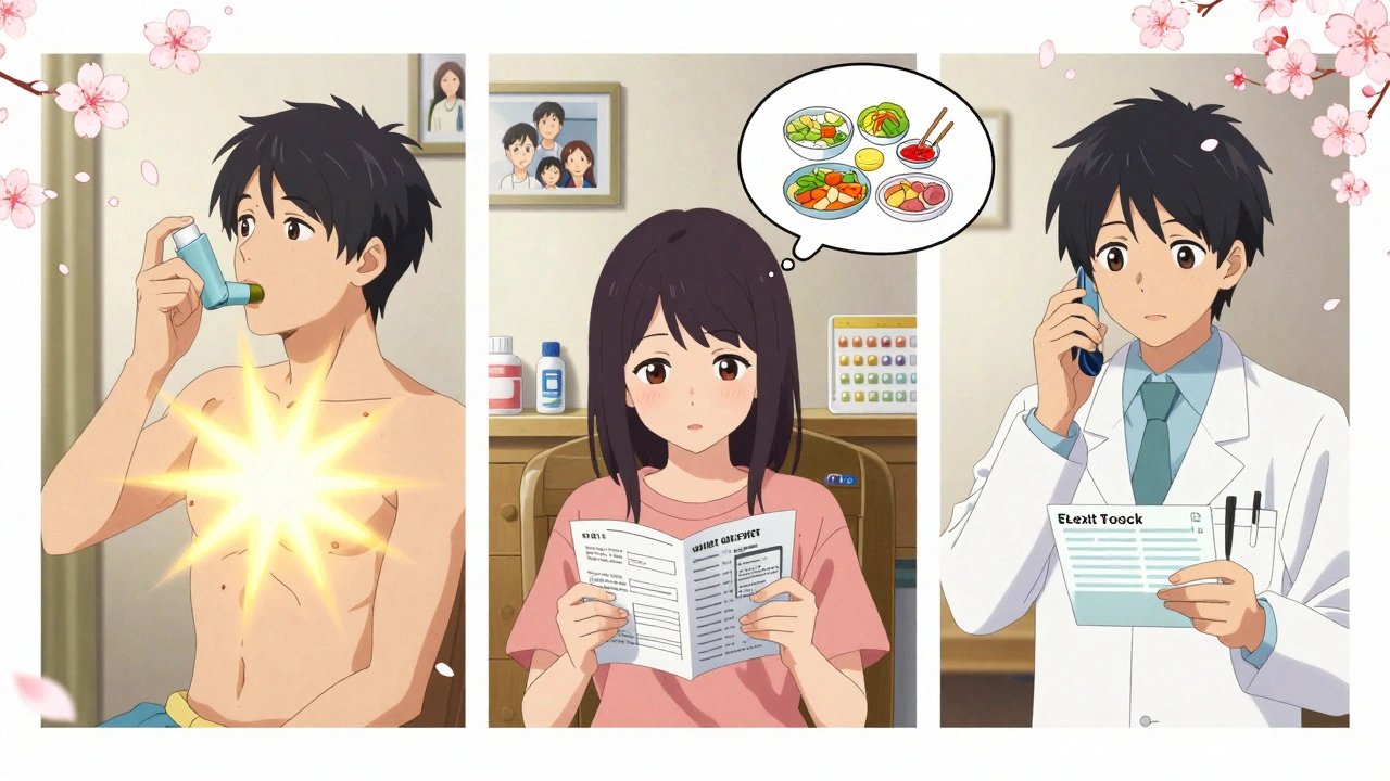 Three patients apply their knowledge at home, each illuminated by soft light as cherry blossoms drift around them.