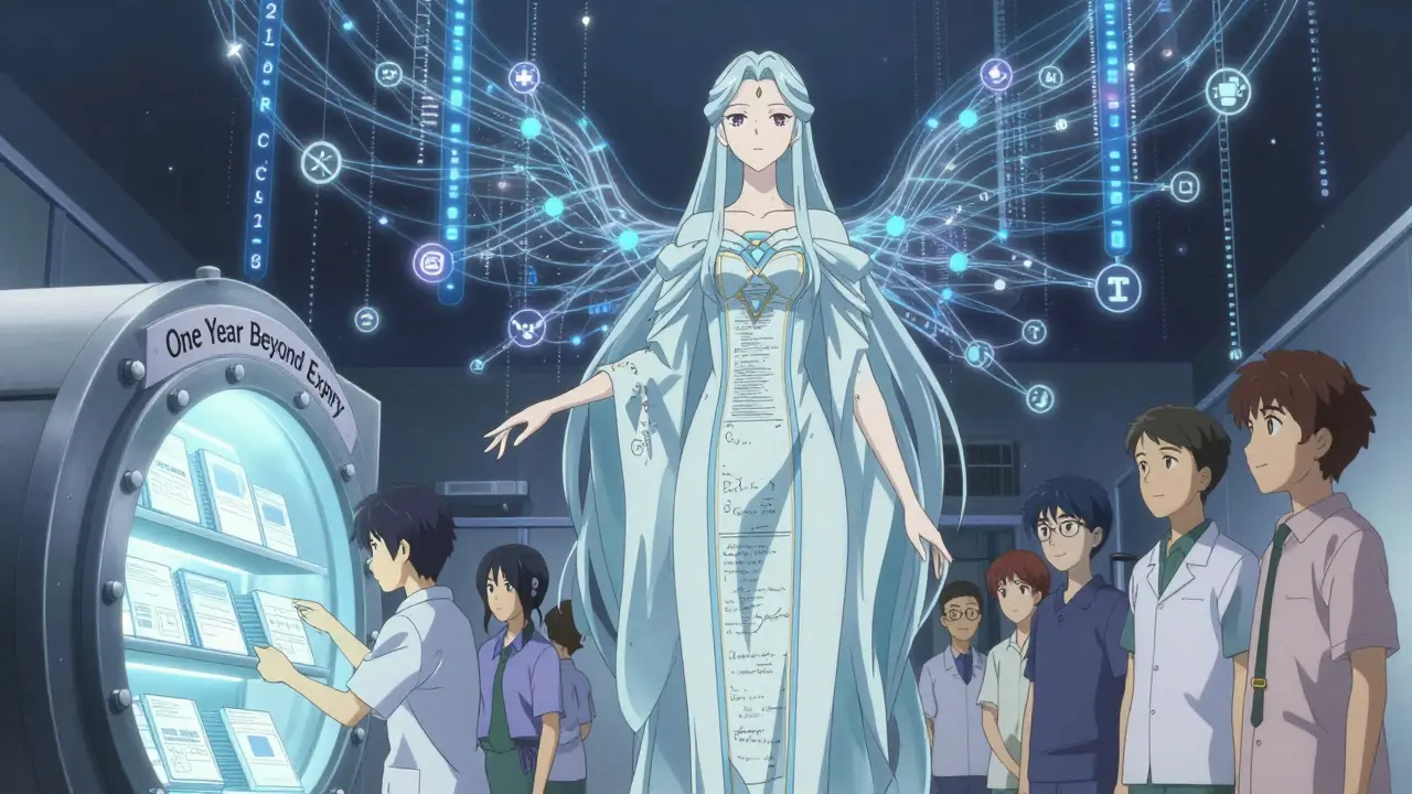 A celestial guardian made of regulatory data protecting a production line as workers submit records to a glowing vault.