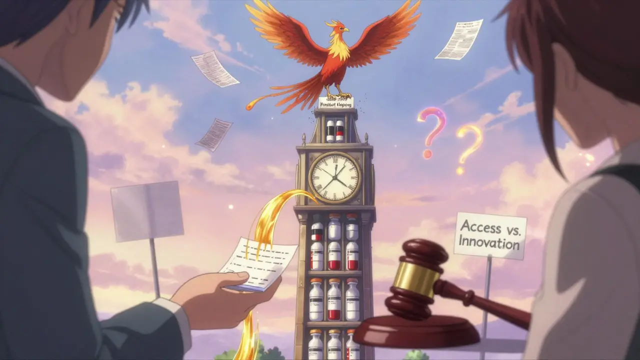 A clock tower made of drug vials and gavels rises as a phoenix of patents ascends, symbolizing innovation and controversy.