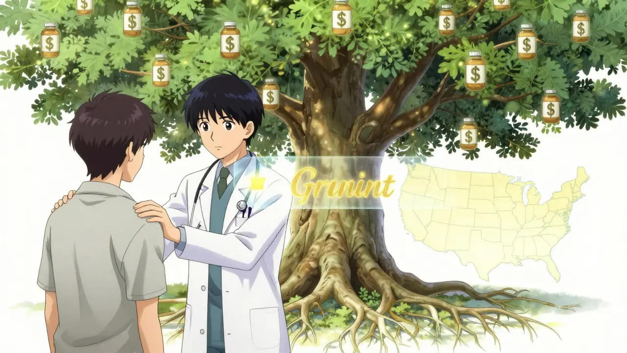 A doctor and patient with a floating approval notice and a tree made of prescription bottles and dollar signs.