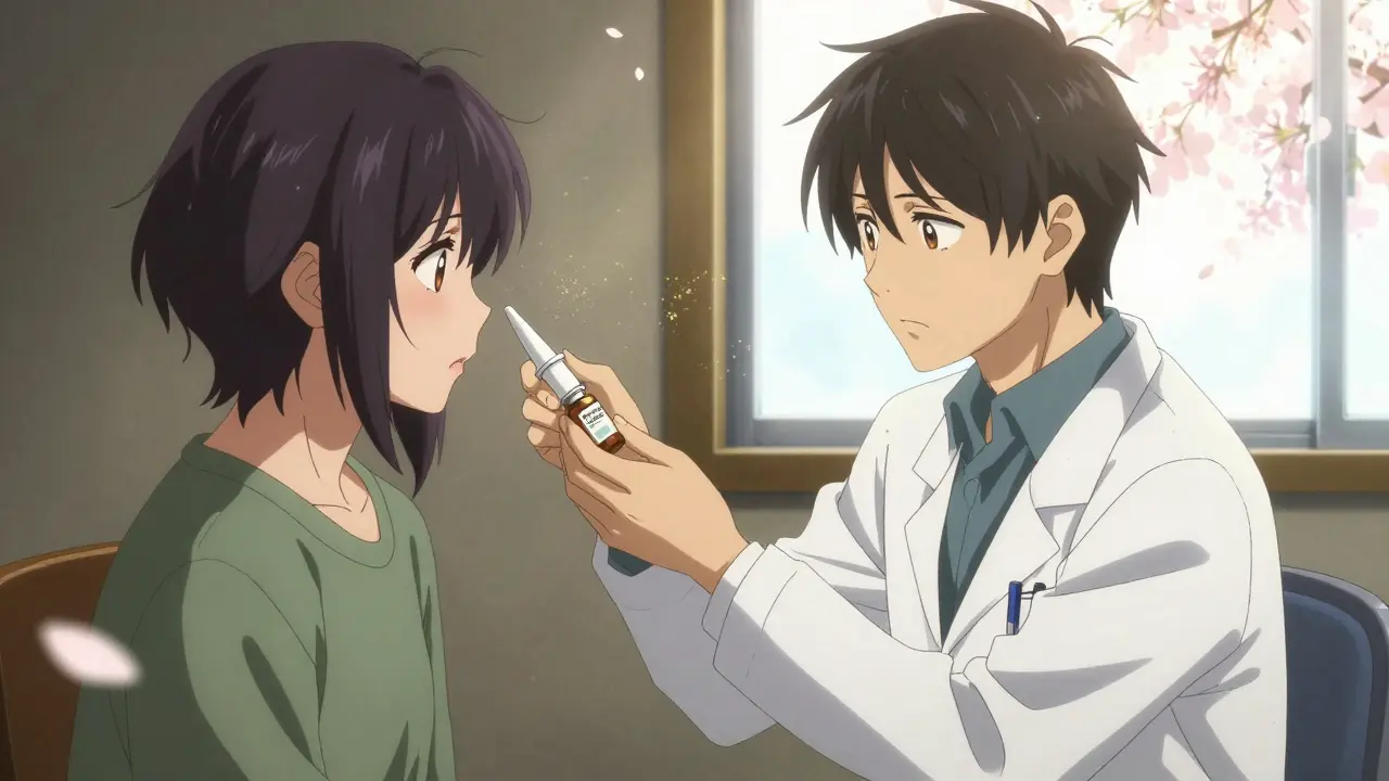 A doctor presents nasal spray and immunotherapy tablets to a patient, with pollen transforming into cherry blossoms.