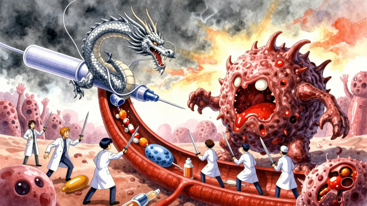 A dragon-like stent fighting a plaque monster inside an artery, doctors wielding scalpels in anime battle scene.