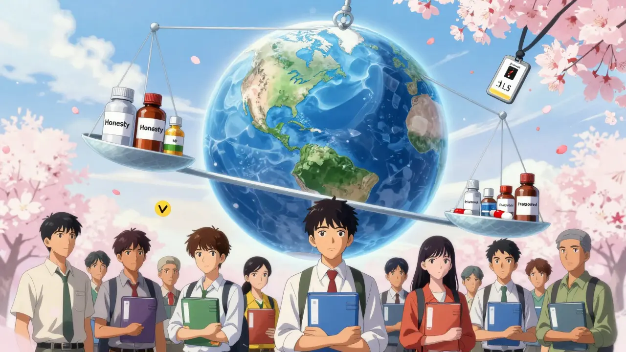 A giant scale balances U.S. medicine against falsified foreign drugs, tipped by an FDA inspection badge as workers stand united.