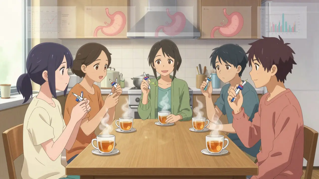 A group of people taking GLP-1 injections together at a kitchen table with tea and health visuals.