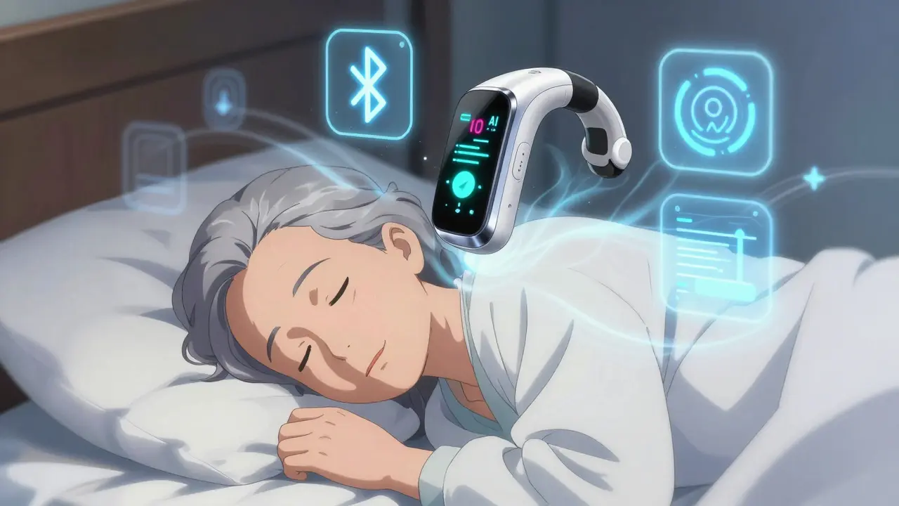 A hearing aid transforming into a health monitor with glowing biometric alerts above a sleeping user at night.