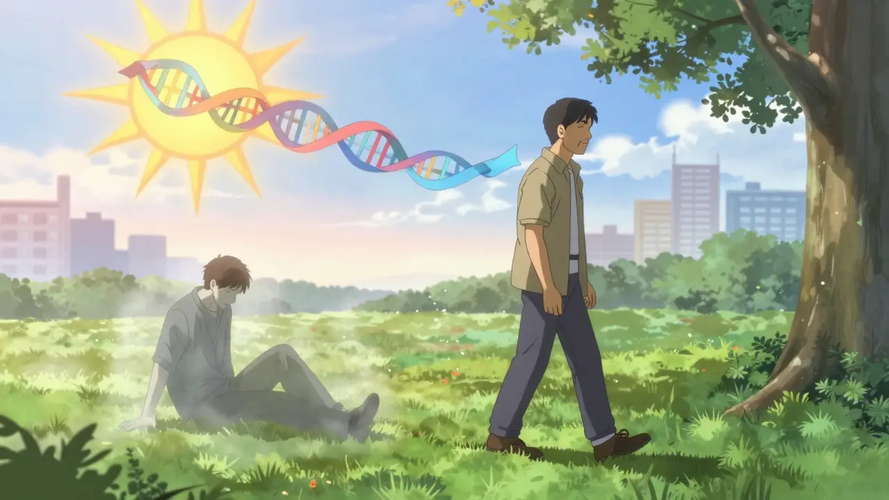 A man tying his shoes in a park as his former heavier self fades away in misty anime style.