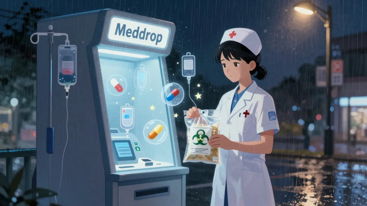 A nurse dropping off hazardous chemo waste at a MedDrop kiosk under a night sky.