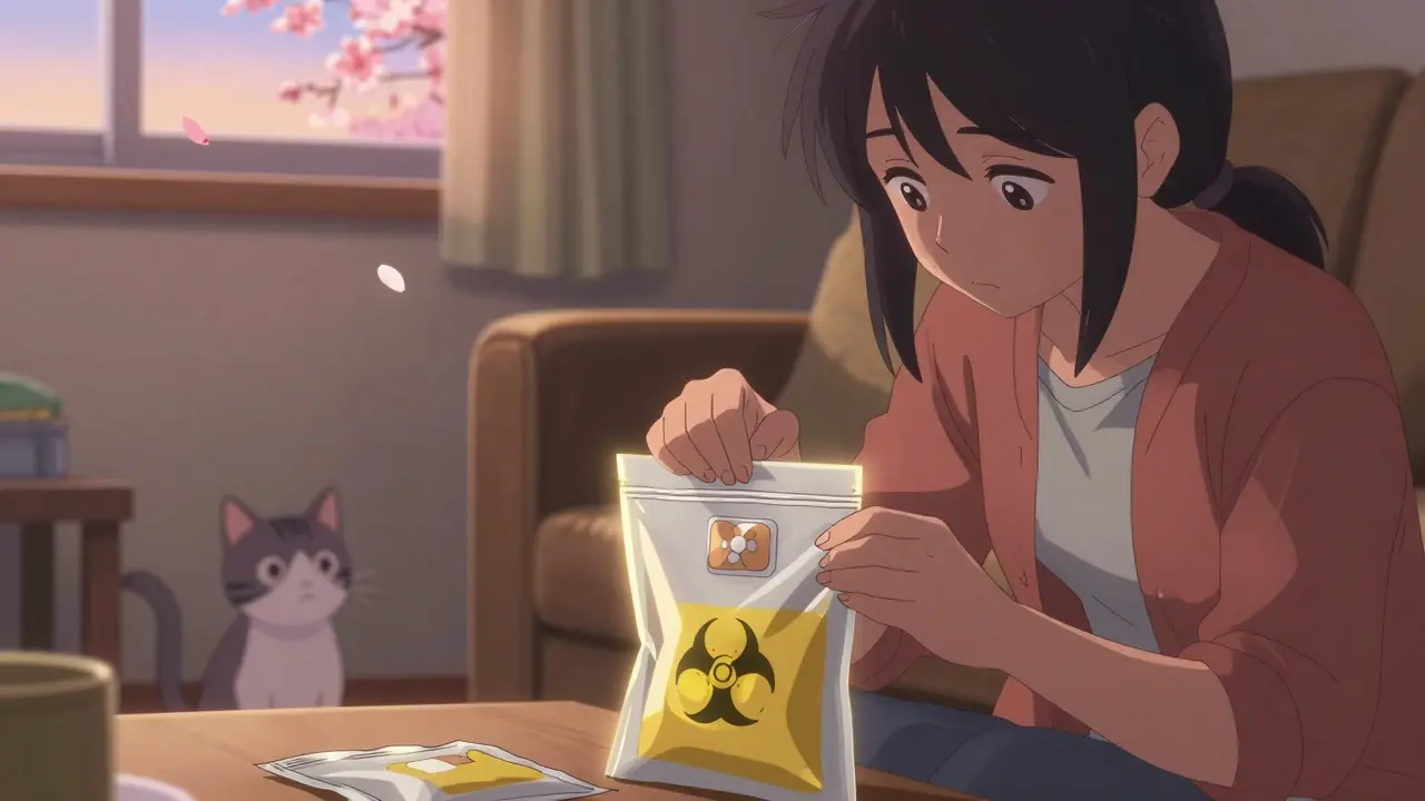 A person folding a used chemo patch with a cat watching nearby in a cozy living room.