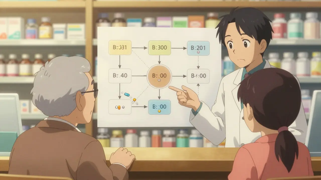 A pharmacist and family reviewing a visual medication plan with floating illustrated pills and dosing times.
