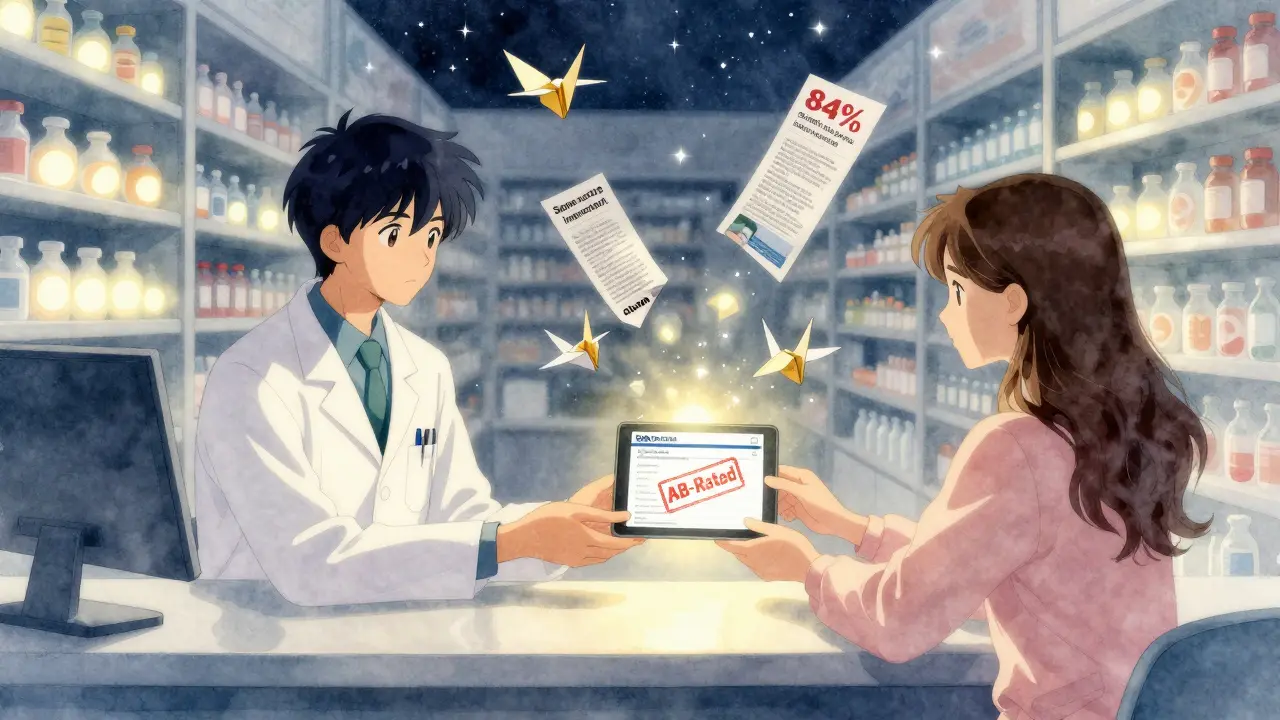 A pharmacist and patient view an FDA approval screen together, with media headlines turning into origami cranes, under soft sunlight.