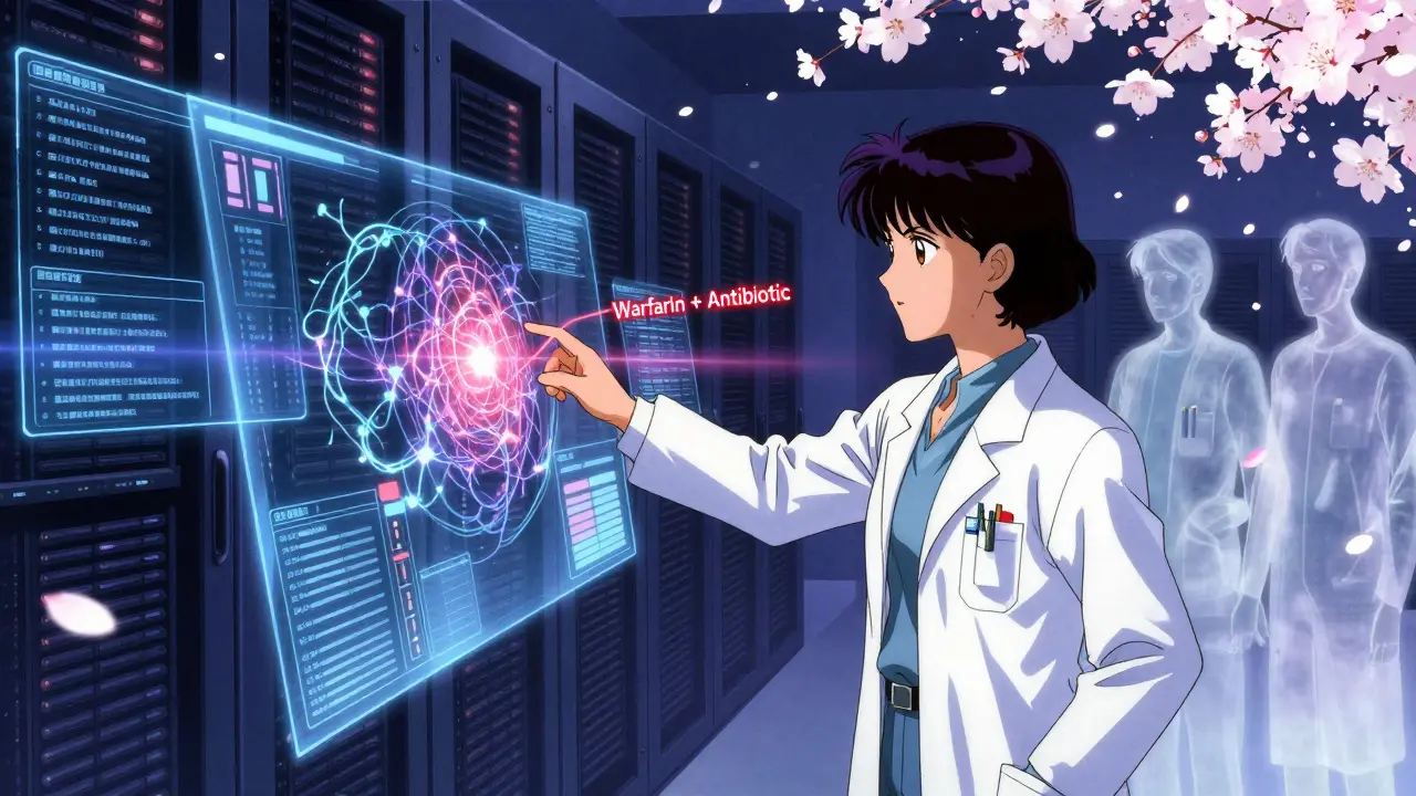 A pharmacist intercepts a digital warning pulse in a holographic server room filled with floating patient data and falling blossoms.
