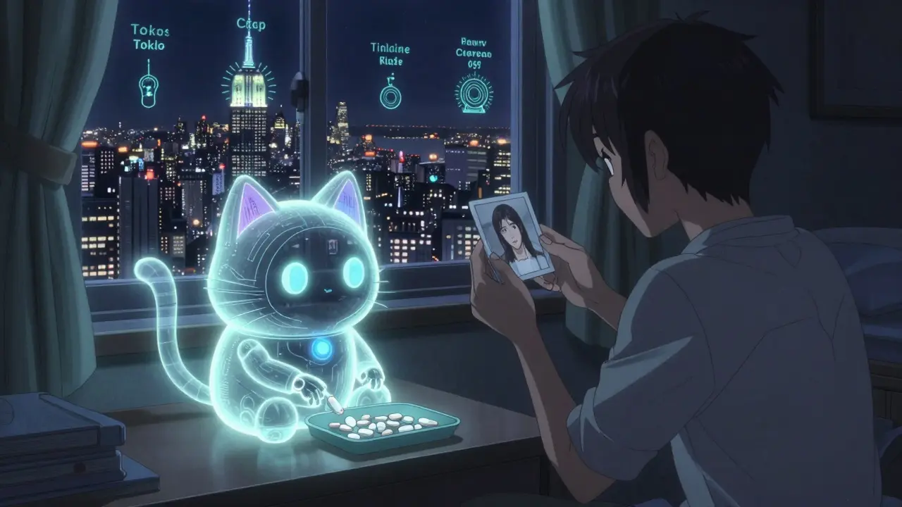 A robotic cat pill dispenser glowing in a bedroom, with time zone pulses visible outside the window in anime style.