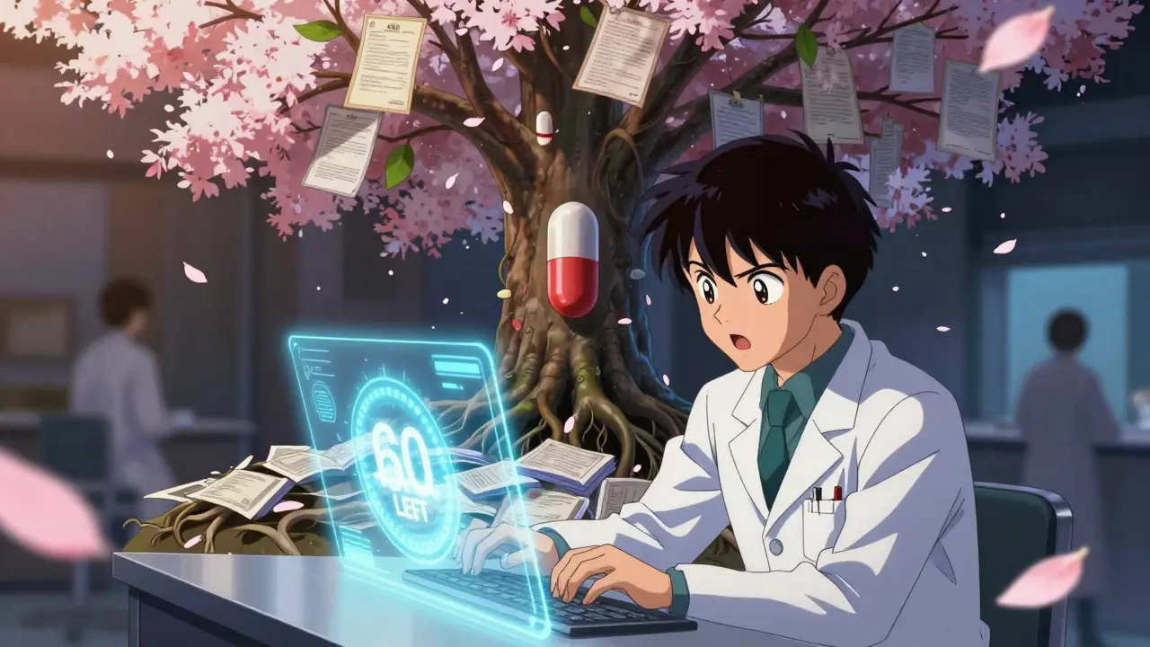 A scientist races against a holographic 60-day countdown as a patent tree grows from a pill in a CLAMP-style illustration.