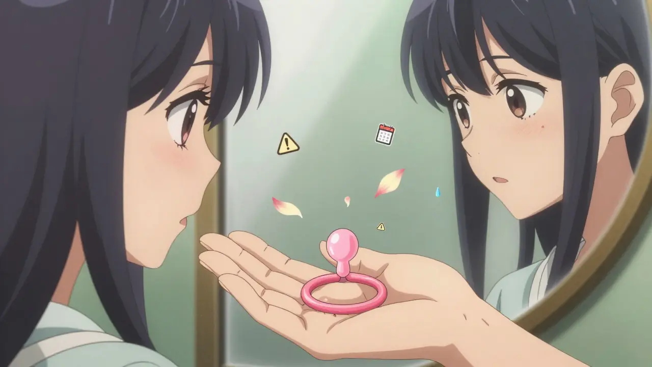 A vaginal ring on a palm surrounded by floating warning icons and petals.