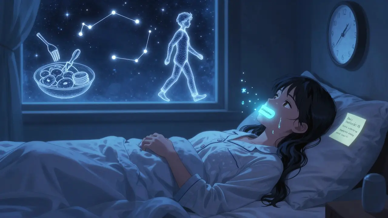 A woman at night with glowing oral patch and floating stars representing hydration and sleep habits.