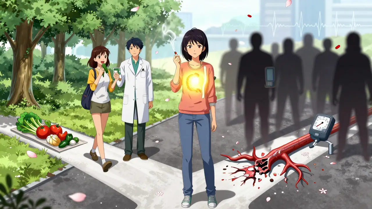 A woman choosing between healthy and risky lifestyle paths, with glowing stent in chest and cherry blossoms.