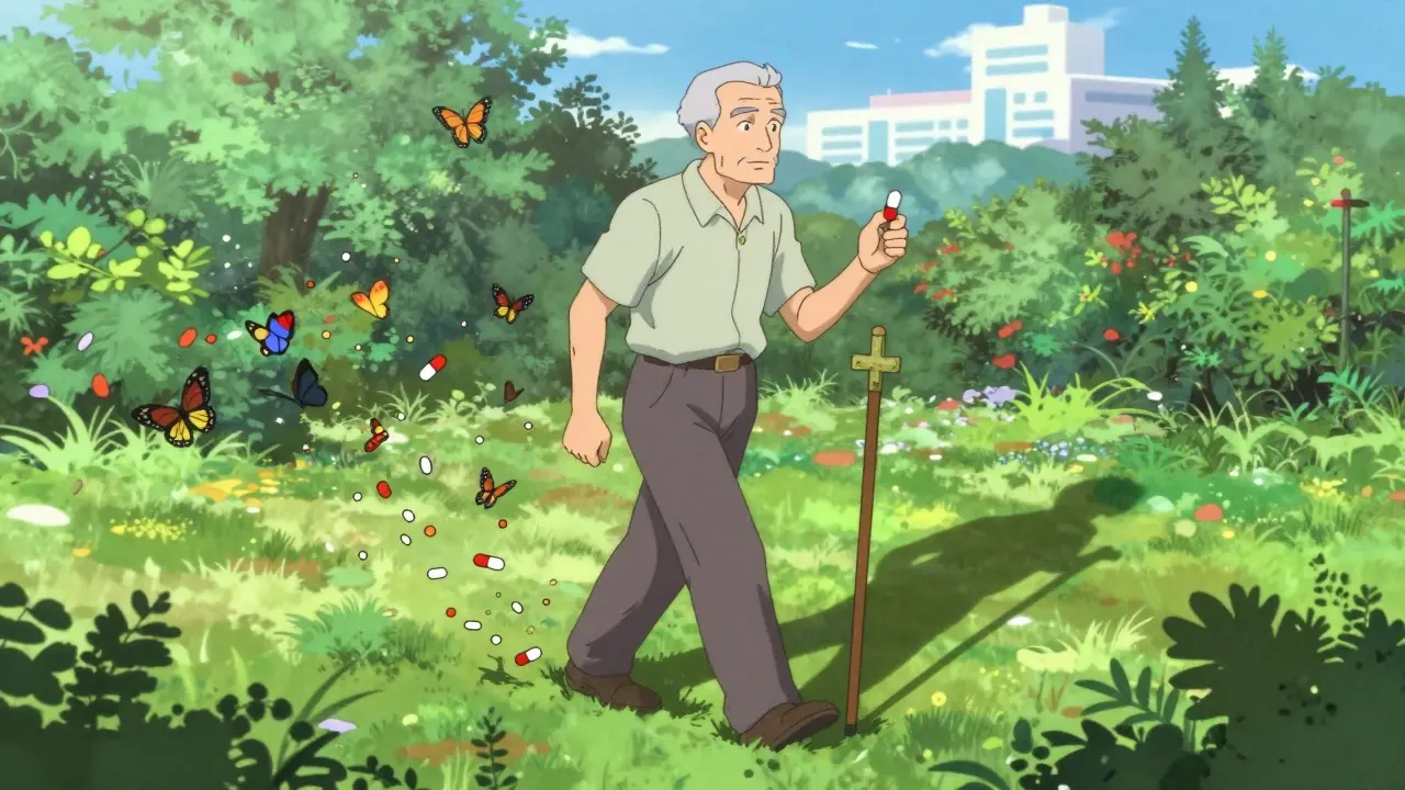 An elderly man walking through a garden as his pill bottles turn into butterflies, symbolizing freedom from complexity.
