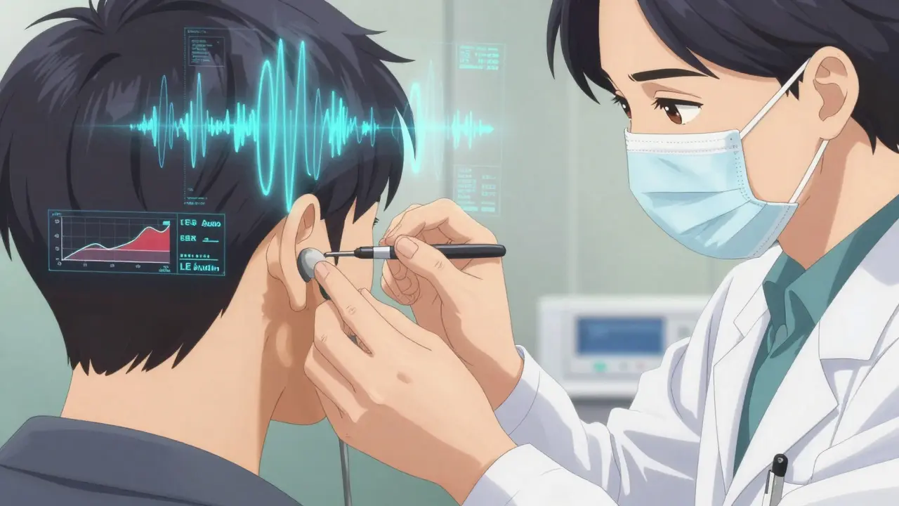 Audiologist performing a real-ear measurement with holographic sound data floating in the air around them.